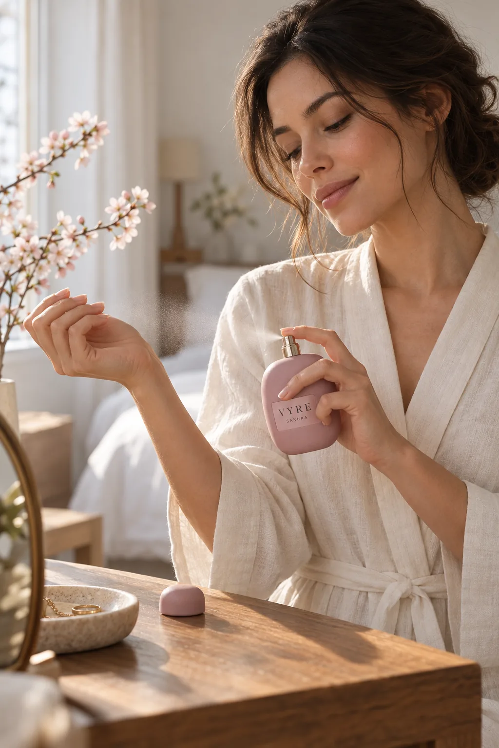 Frau im Morgenlicht trägt SAKURA Eau de Parfum auf