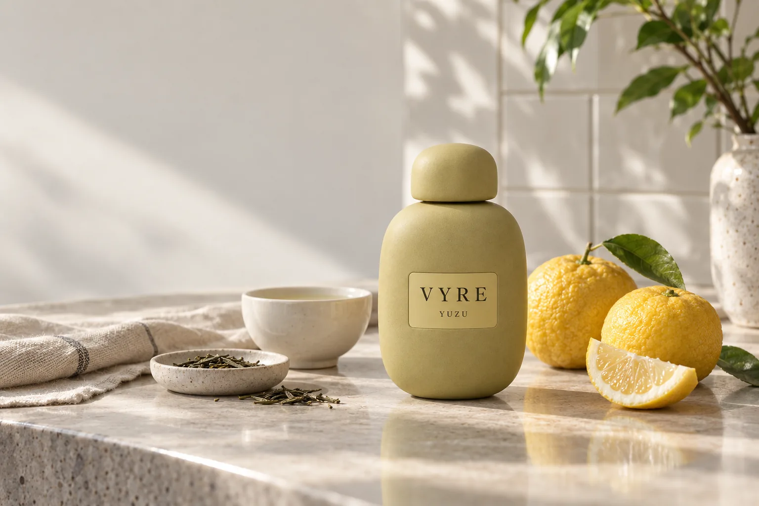 YUZU Eau de Parfum mit Yuzu-Früchten und weißem Tee in einer hellen Küche